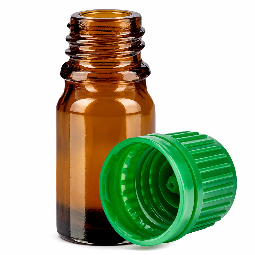 5ml meripihkanvärinen lasipullo 11mm kierteellä ja vihreällä korkilla tarkkaa annostelua varten.