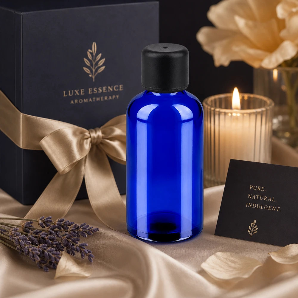 50ml ylellinen aromaterapiapullo, valmistettu sinisestä lasista, jossa on musta korkki premium kosmetiikkaan.