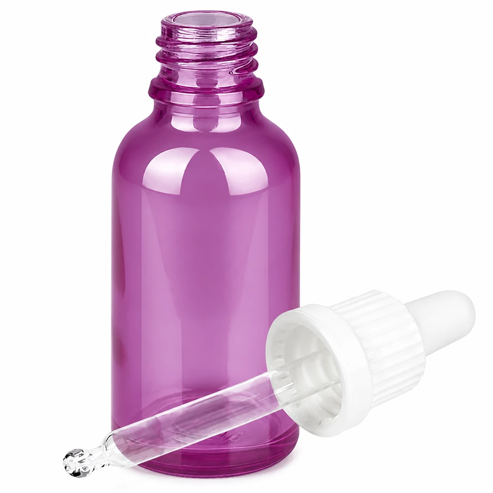 Violetti lasipullo 30ml pipetillä ja valkoisella kumikorkilla eteerisille öljyille.