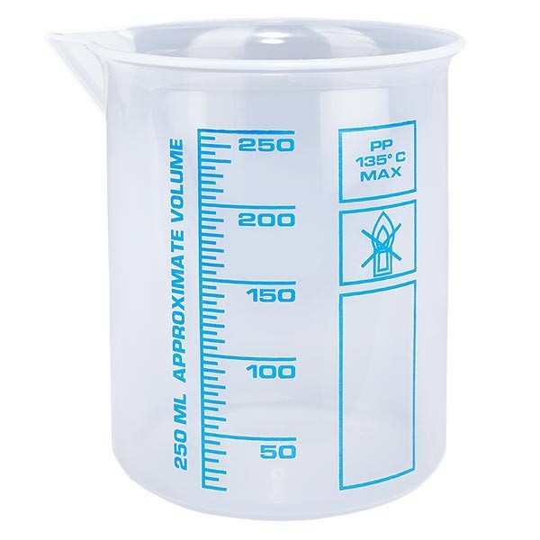 250ml mitta-astia-astia (Griffin-astia-astia) PP, antistaattinen, erittäin läpinäkyvä DIN 12.311 mukaisesti, asteeton helmareunus, painettu sininen asteikko 250ml mitta-astia-astia (Griffin-astia-astia) PP, antistaattinen, erittäin läpinäkyvä DIN 12.311 mukaisesti, asteeton helmareunus, painettu sininen asteikko