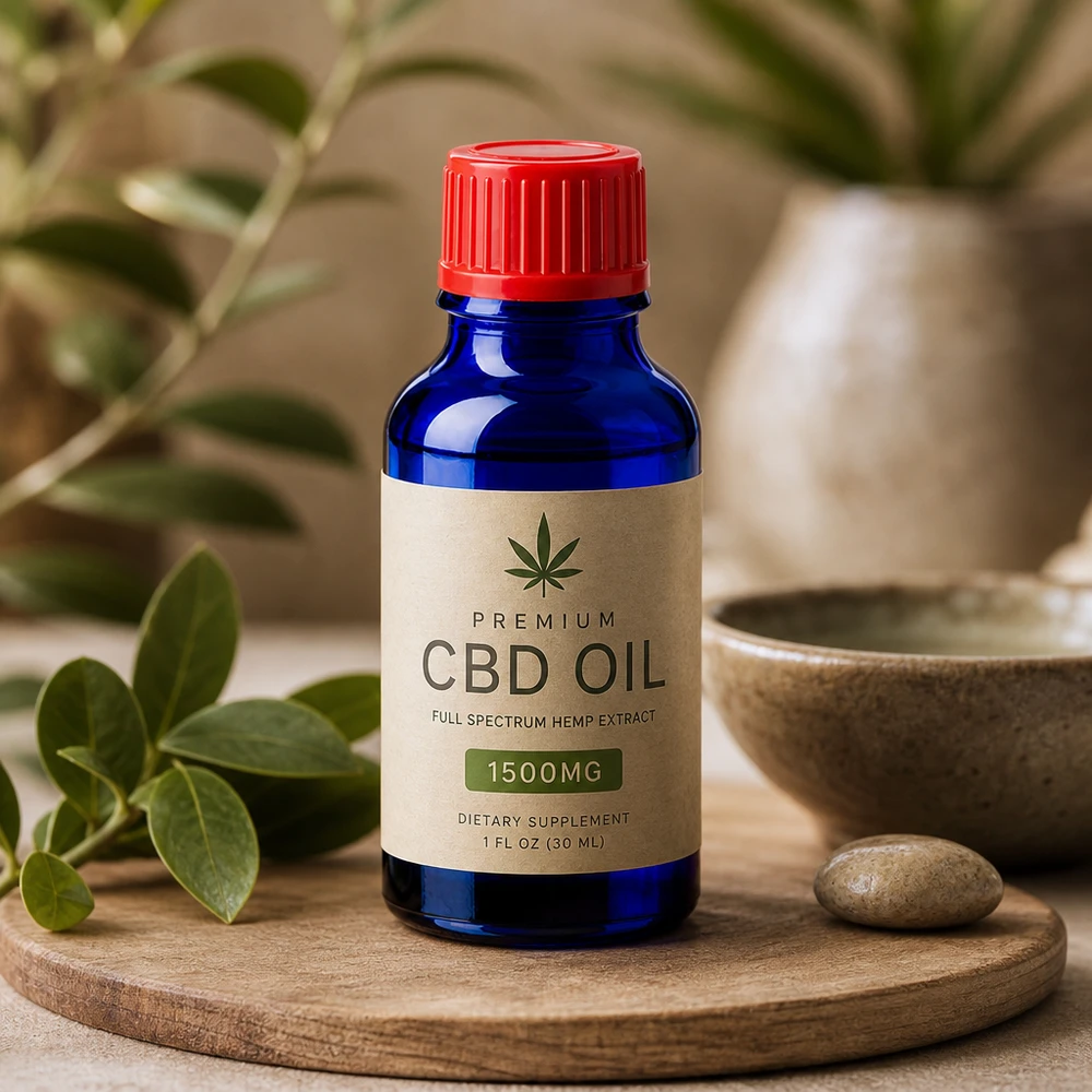 Pienikokoinen 20 ml:n lasipullo punaisella korkilla, joka sopii CBD-öljylle ja ravintolisille.