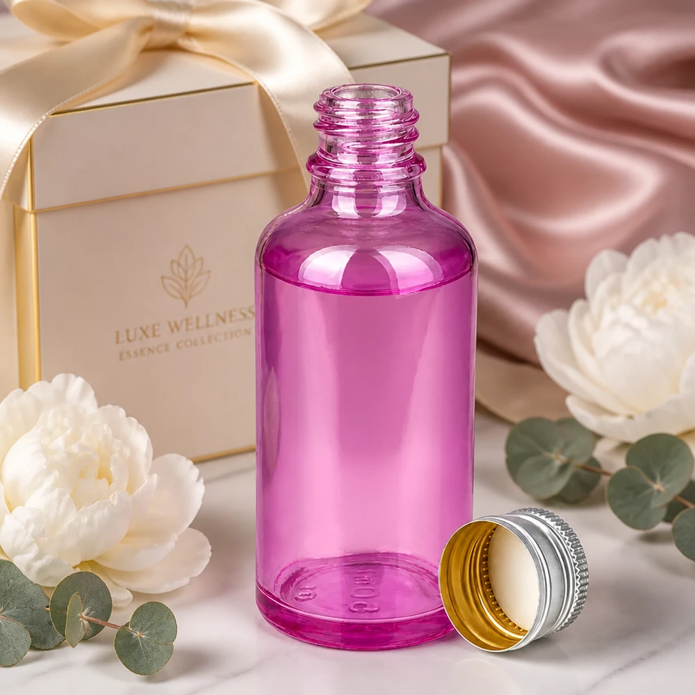 Elegantti 50 ml:n pullo violetista lasista, jossa on hopeinen alumiinikansi laadukkaille wellness-tuotteille.