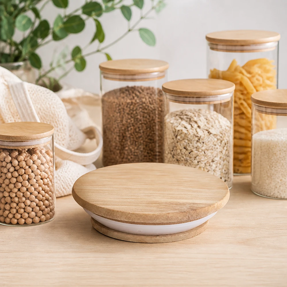 Puinen kansi (pyökki) painamaton WECK RR100:lle Moderni keittiön säilytyspurkit WECK RR100 puukannella versio A säilytysmurot pasta palkokasvit skandinaavinen