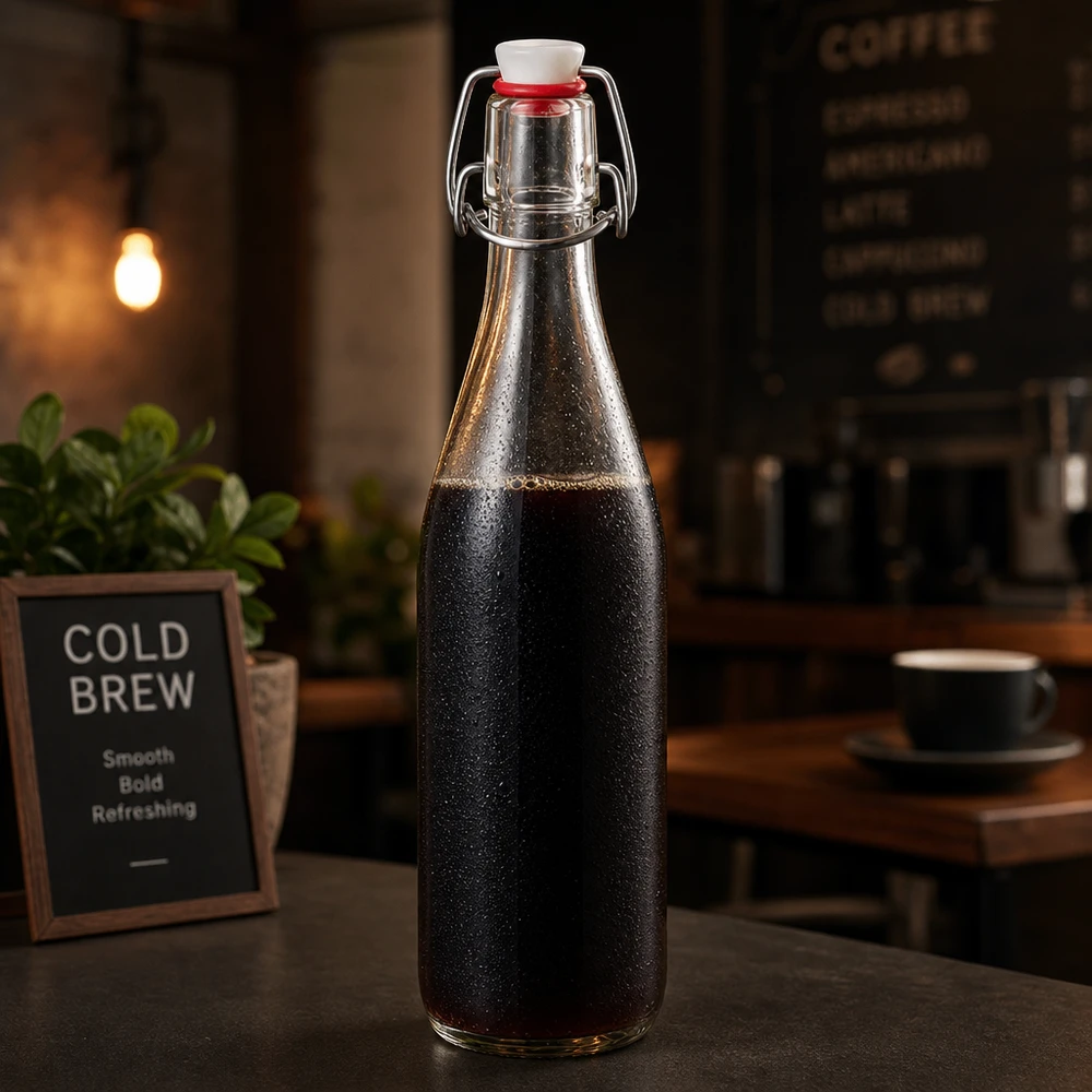 500 ml:n lasipullo, jossa on kääntyvä korkki ja joka on täytetty kylmällä kahvilla kahvilla kahvilatunnelmassa mainostaulun vieressä.