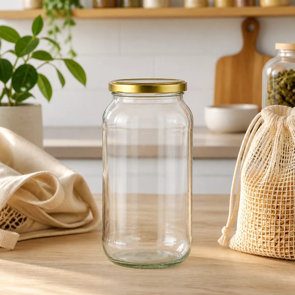 1062ml pyöreä purkki BasicSeal-kannella kultainen UNiTWIST 1062ml pyöreä purkki kultaisella BasicSeal-kannella puupöydällä kestävien verkkopussien ja keittiötarvikkeiden välissä.