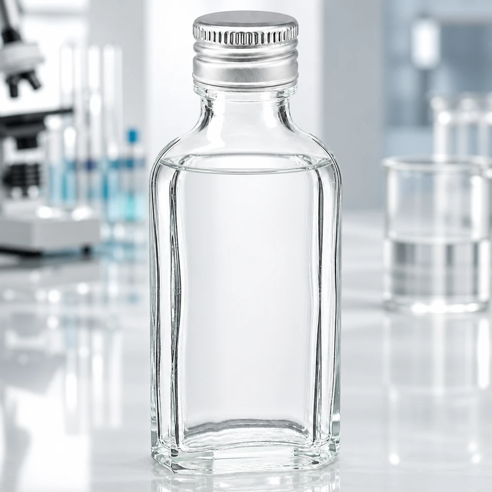 Miniatur Meplat -laboratoriopullo, 50 ml, kirkasta lasia, alumiinikorkilla PP22, tieteellisessä käytössä