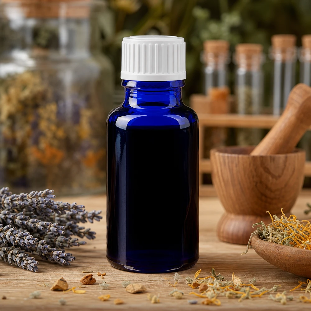 Pieni sininen apteekkipullo (20 ml), jossa on valkoinen kierrekorkki, morttelin ja yrttien vieressä
