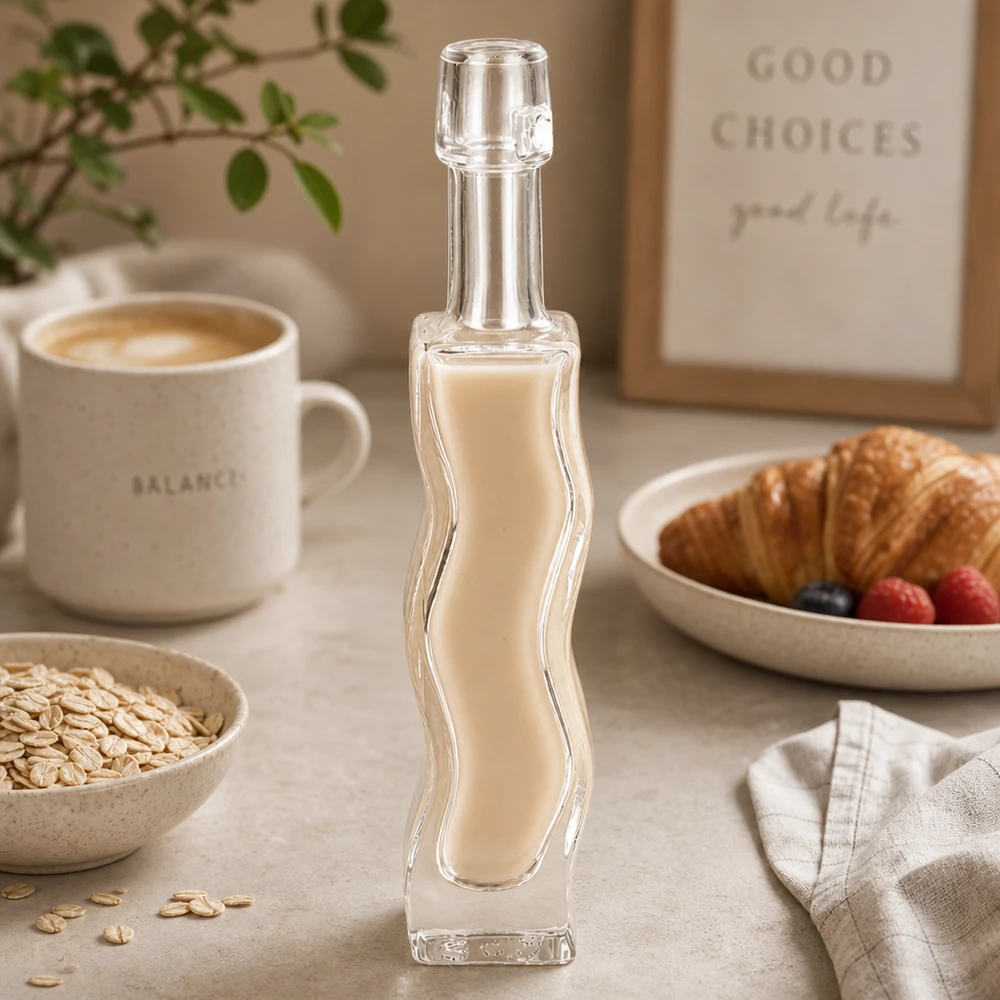 40ml Glasflasche "Anna" ohne Bügelverschluss UNiTWIST 40ml Glasflasche Anna mit cremigem Hafermilch-Getränk befüllt Frühstückstisch-Szenerie vegane Milchalternative Lifestyle