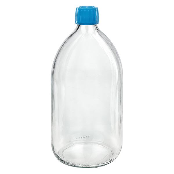 1000ml lääkepullo kirkas, sininen korkki, jossa peukalointiturvallinen rengas ApoGlas