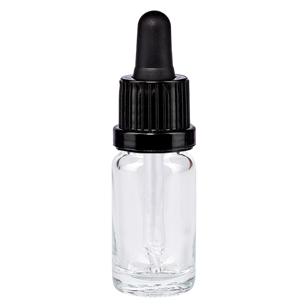 10ml pipettipullo musta peukaloinnin estävä korkki ClearLine UT18/10 10 ml:n pipettipullo kirkasta lasia, mustalla tippakorkilla, ClearLine UT18/10
