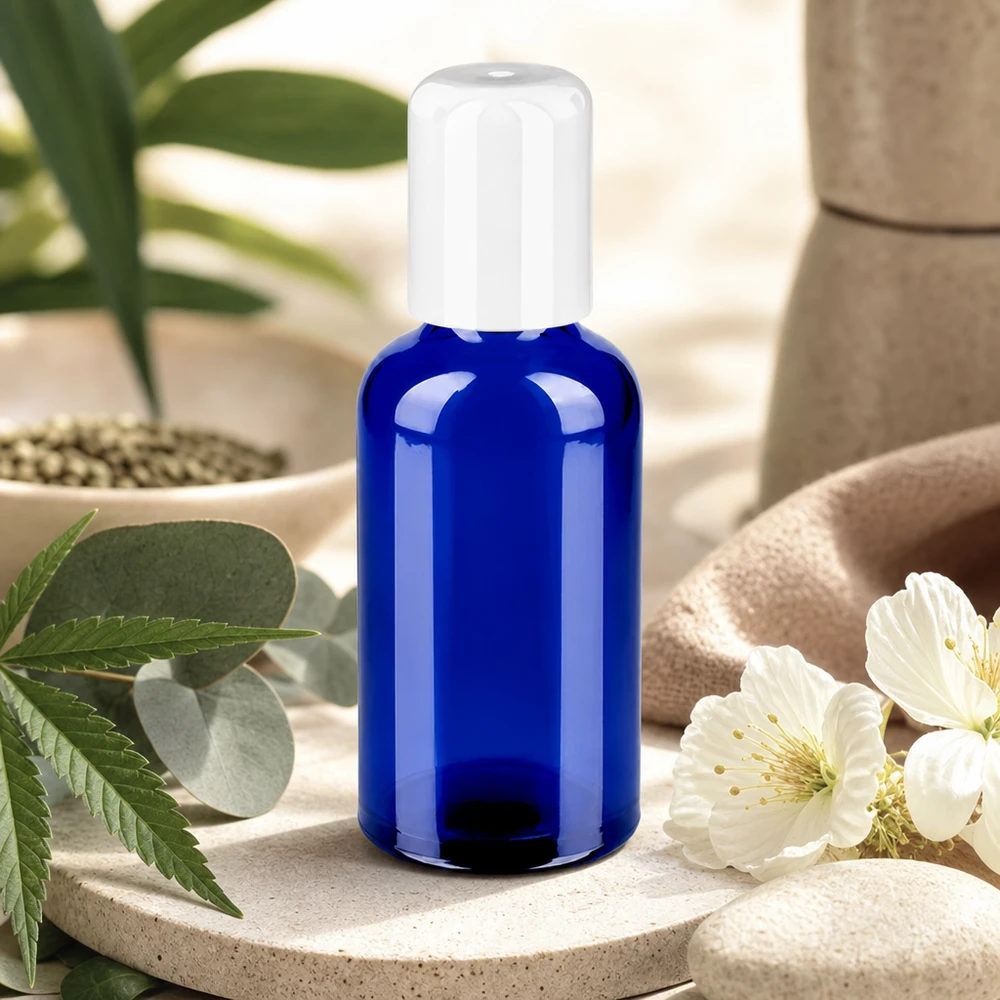 50ml roll-on-pullo valkoinen vakiokorkki BlueLine UT18/50 Koboltinsininen 50ml lasipullo valkoisella roll-on-korkilla DIY-kosmetiikkaan ja luonnonkosmetiikkaan.