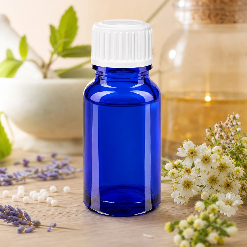 Sininen 10 ml:n homeopaattinen lasipullo, jossa on valkoinen korkki, laventelin ja lääkekasvien vieressä