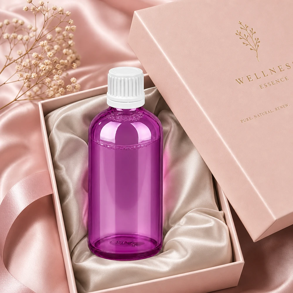 100ml pullo 11mm kierrekorkki valkoinen Alkuperäinen kierrekorkki PurpleLine UT18/100 Läpinäkyvä 100ml pullo violetilla ja valkoisella korkilla ihanteellinen DIY kosmetiikkaan ja luonnontuotteisiin