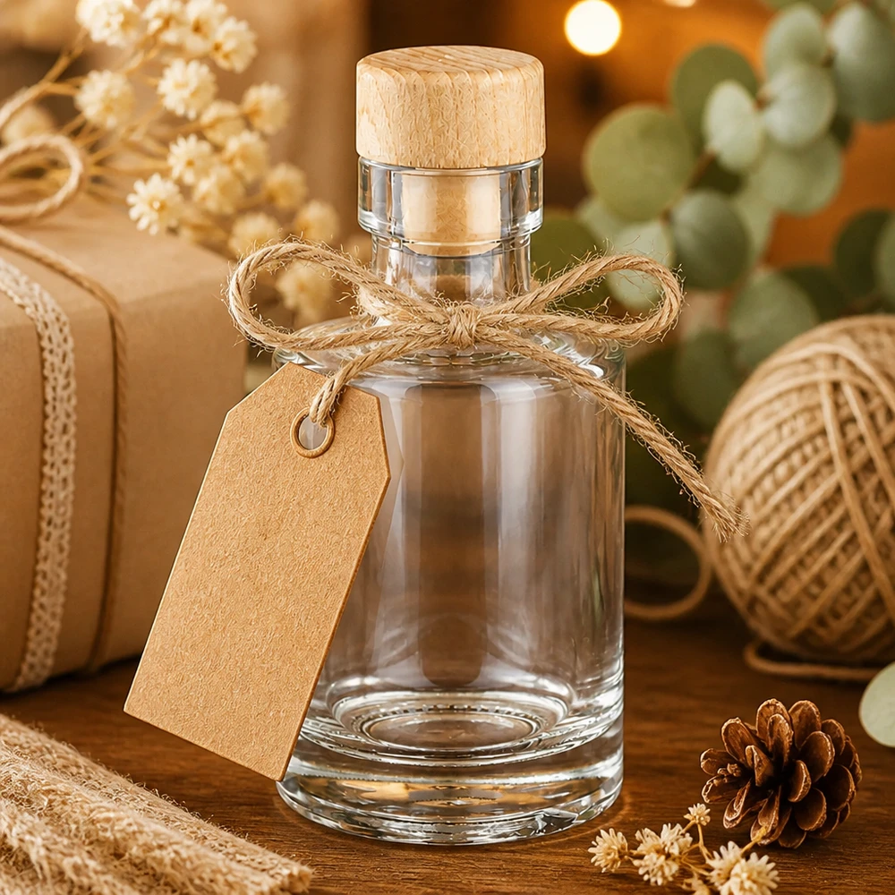 100ml Marie-lasipullo, jossa puukorkki, lahjapakattu juuttinauhalla ja lahjatarralla maalaismaisemassa.