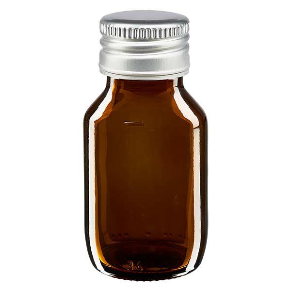 50ml lääkepullo ruskea, hopeisella alumiinikorkilla ApoGlas 50ml lääkepullo ruskea, hopeisella alumiinikorkilla ApoGlas