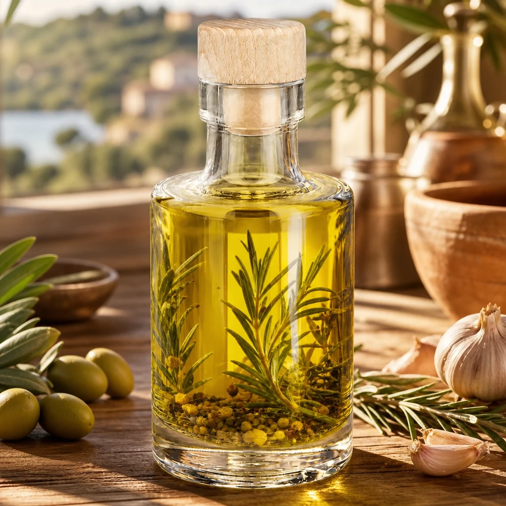 100ml Glasflasche "Marie" mit Holzgriff-Korken UNiTWIST 100ml lasipullo Marie puukorkilla täytetty yrttiöljy rosmariini pippurikorneilla oliivien ja valkosipulin mediterran vieressä.