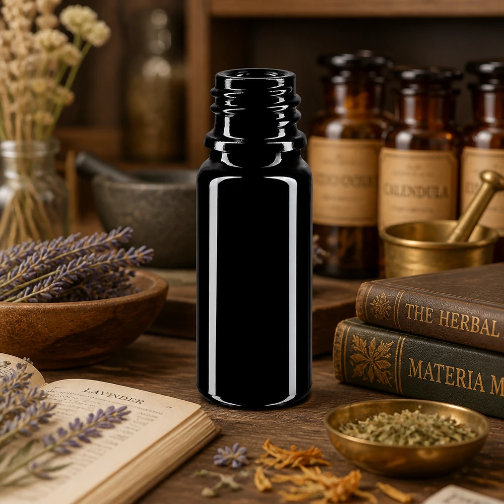 Violetti lasipullo 10ml DIN 18 (Mironglas) Premium Mironglass-pullo 10ml DIN 18 yrttiöljyille ja lääkekasviuutteille.