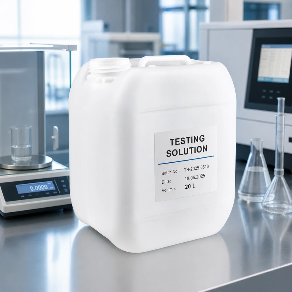 5 litran kanisteri ilman korkkia, jossa on Testing Solution -tarra, ruostumattomasta teräksestä valmistetulla laboratoriopöydällä