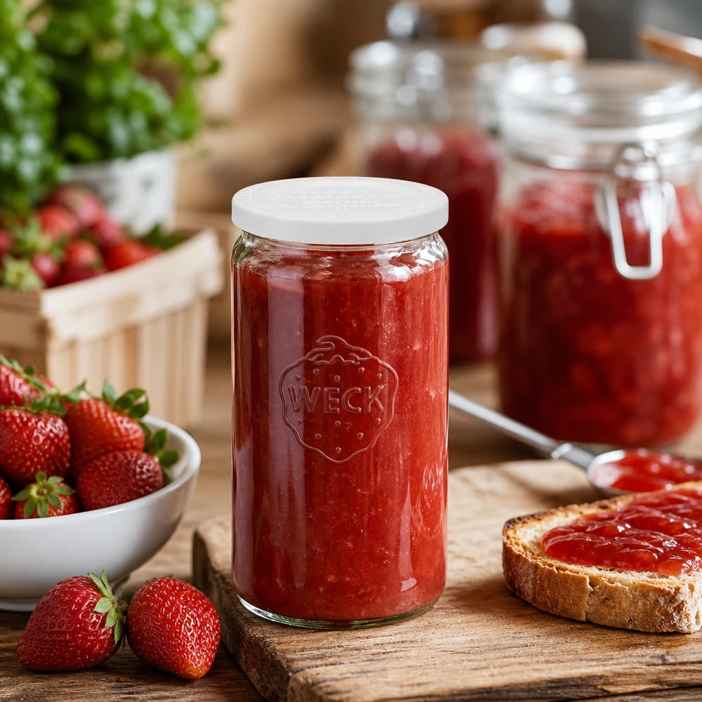 WECK sylinteripurkki 340ml täynnä mansikkahilloa maalaismaisessa keittiössä tuoreiden mansikoiden ja leivän kanssa.