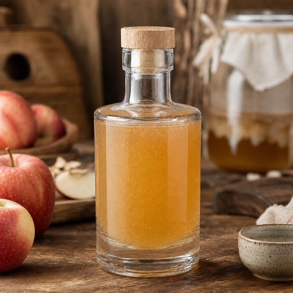 200ml Glasflasche Marie mit Apfelessig befüllt, Holzkorken-Verschluss, rustikale Küchendeko mit frischen Äpfeln