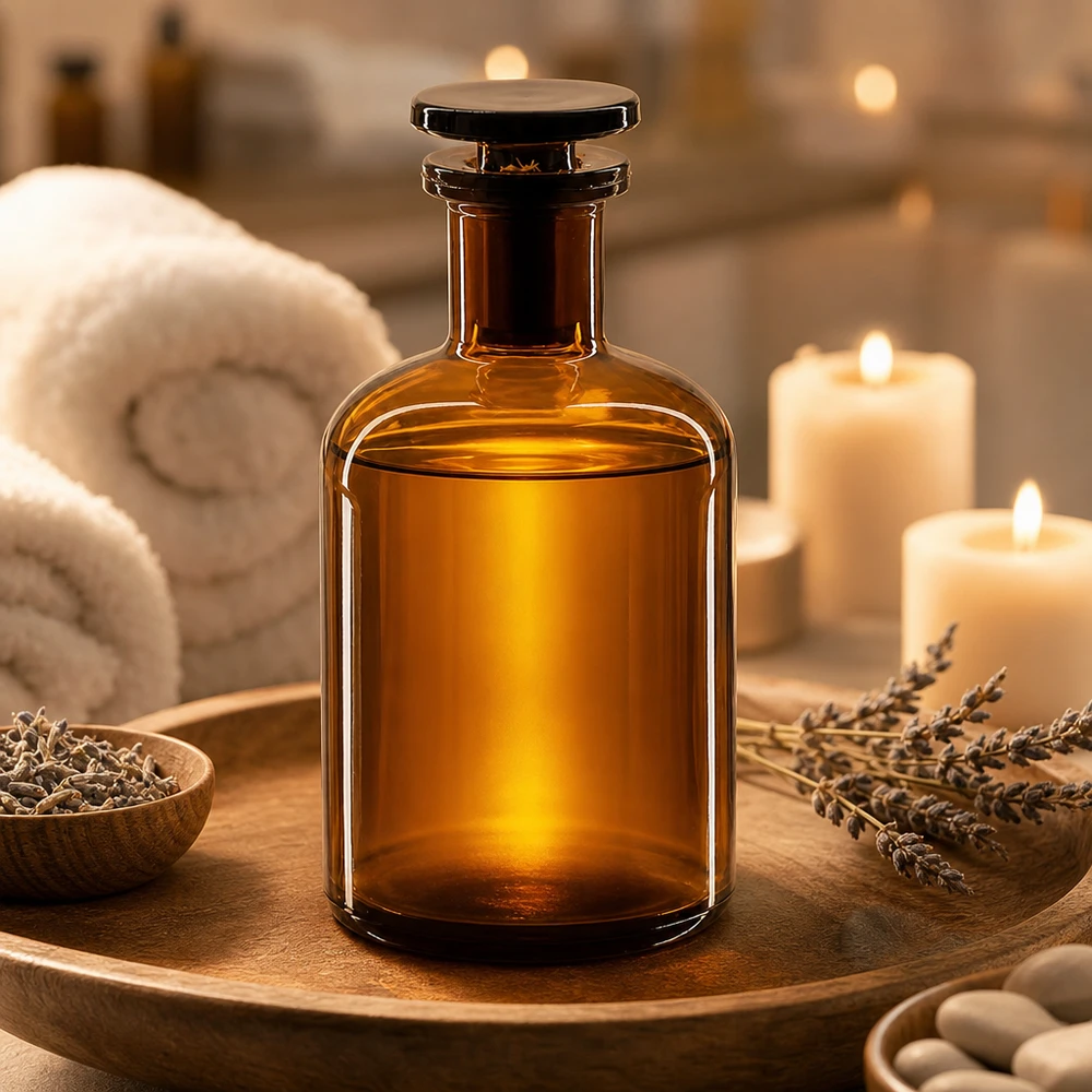 Pyöreä olkapääpullo 100ml ruskea kapeakaulainen lasitulppa Aromaterapiapullo 100 ml, ruskea, pyöreäolkapäinen, lasikorkki, laventeli ja kynttilät