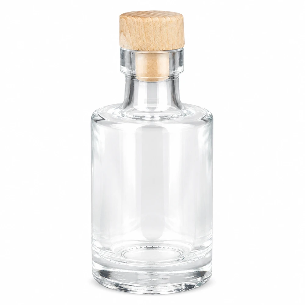 100ml lasipullo Marie puukahvalla korkki UNiTWIST tyhjä läpinäkyvä pyöreä muoto Tuotekuva valkoisella taustalla