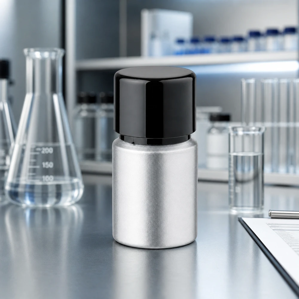 10ml petsattu alumiinipullo, jossa on kierrekorkki Kompakti 10ml alumiinipullo laboratoriokäyttöön - värjätty pinta ja musta korkki laboratorioympäristössä.