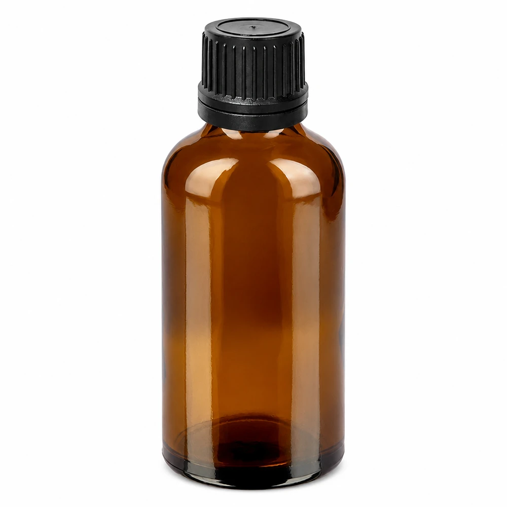 50ml meripihkanvärinen lasipullo mustalla tiputuskorkilla eteerisille öljyille ja tinktuureille.