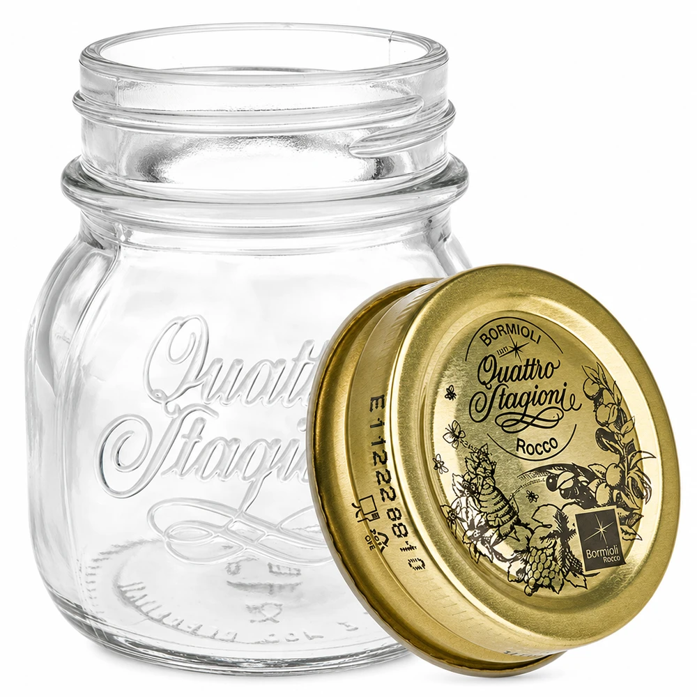 150ml pyöreä purkki "Quattro Stagioni" kannella. 150ml pyöreä purkki Quattro Stagioni kultaisella kannella säilöntätölkki säilytyspurkki Bormioli Rocco italialainen