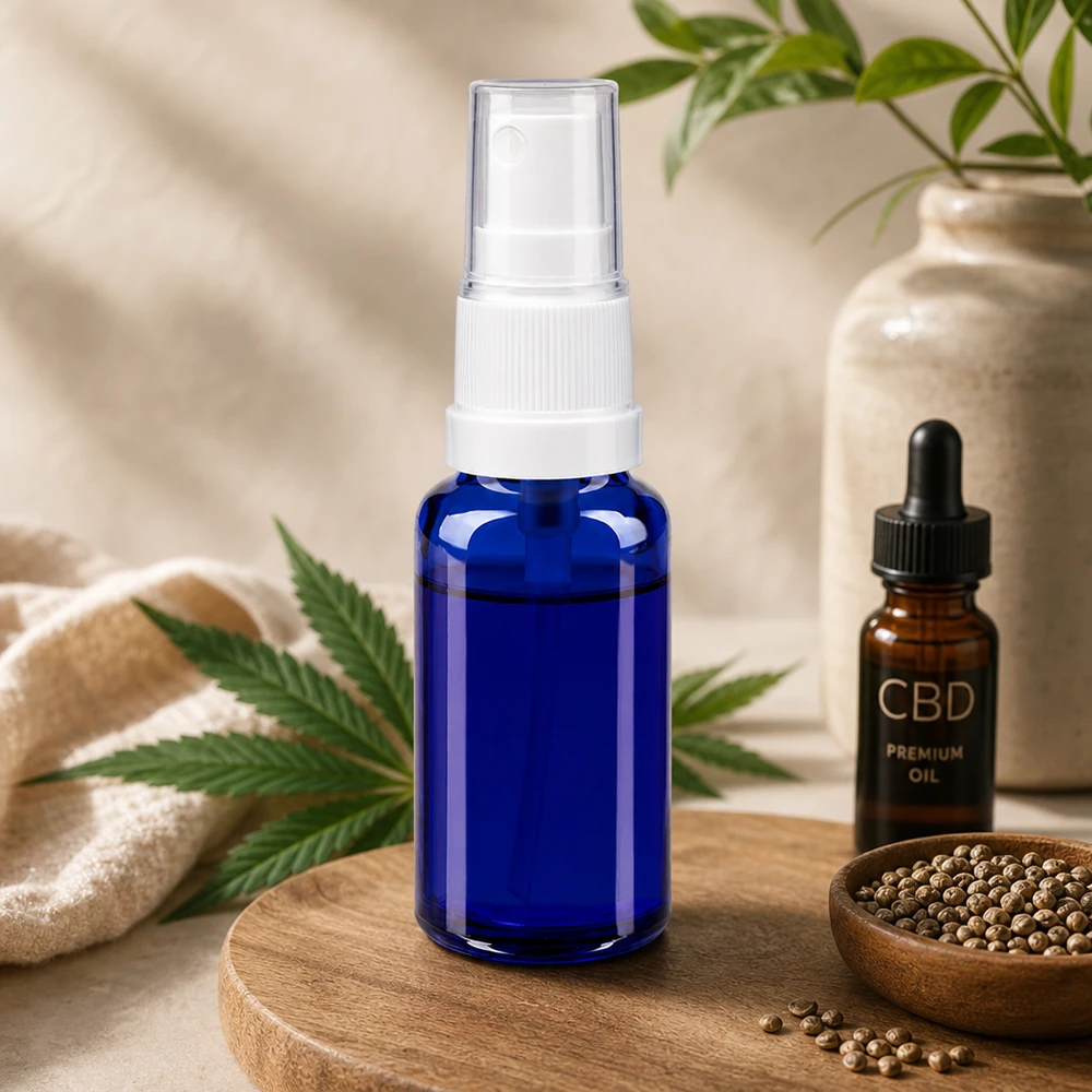 Apteekkipullo sininen 20ml suihkutuslisäosa valkoinen kpl. 20 ml:n sininen lasinen STD-suihkepullo, jossa on valkoinen sumutin, CBD-öljyn ja hamppulehden vieressä