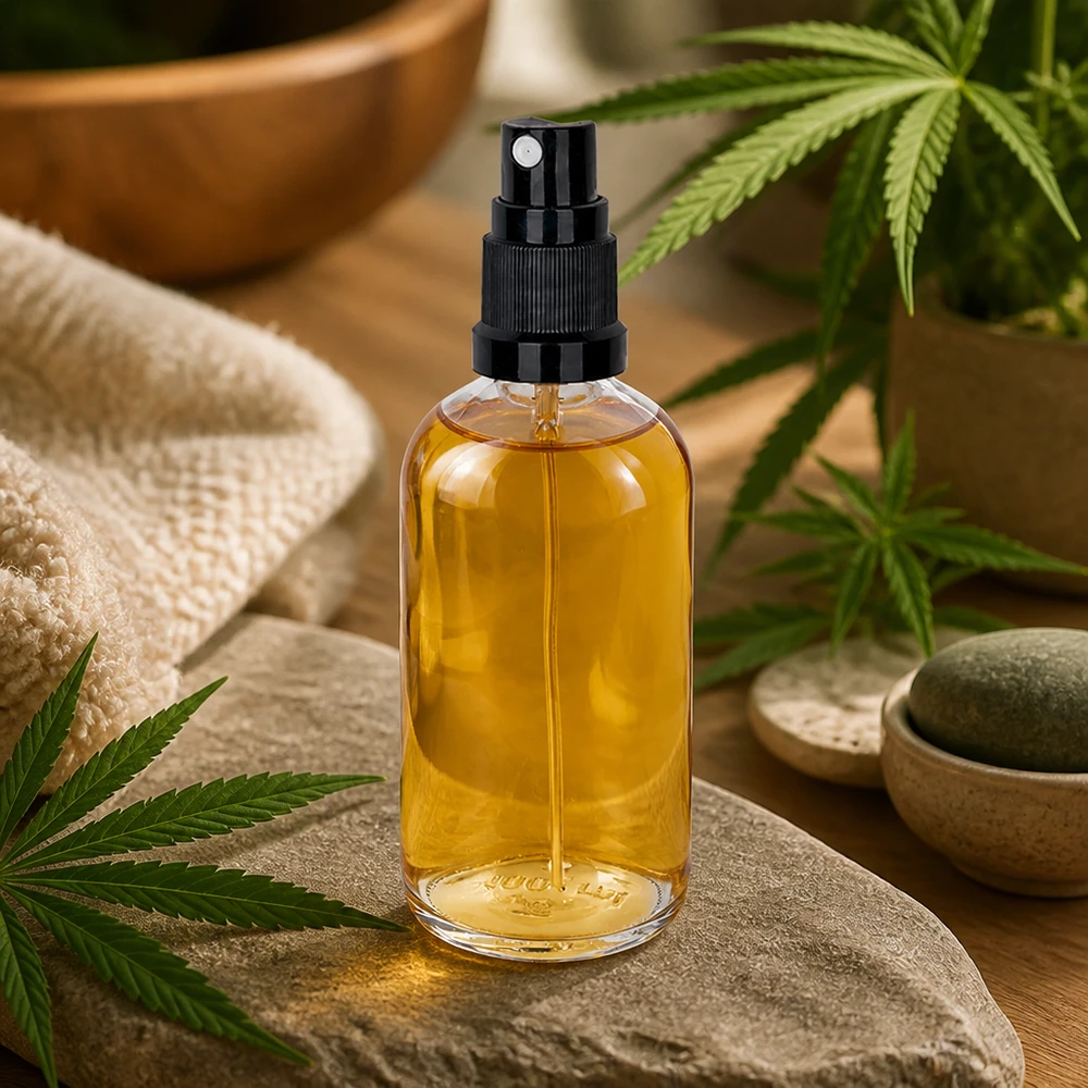 CBD-öljy, 100 ml:n lasipullo, läpinäkyvä, musta pumppusuihkepullo, hamppukasvi, hyvinvointi