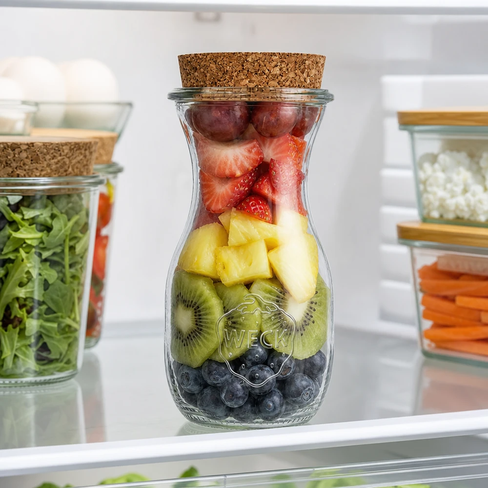 WECK mehupullo 290ml RR60 hedelmäsekoituksella mustikoita kiivi ananas mansikoita jääkaapissa Meal Prep