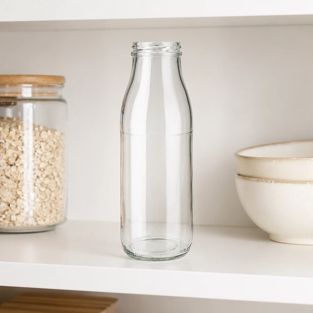 500ml lasipullo ilman kantta (TO48) UNiTWIST 500ml lasipullo TO48 UNiTWIST ilman kantta valkoisella keittiöhyllyllä murokulhon ja säilytyspurkin vieressä.