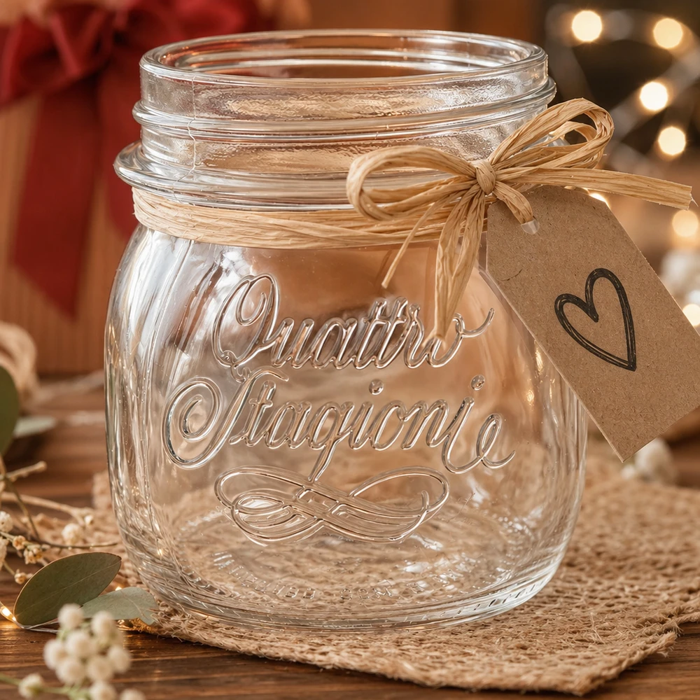 250ml pyöreä purkki "Quattro Stagioni" QS70mm. 250ml Quattro Stagioni kotitalouspurkki, jossa on nauha ja sydänriipus, lahjaidea keittiöön.