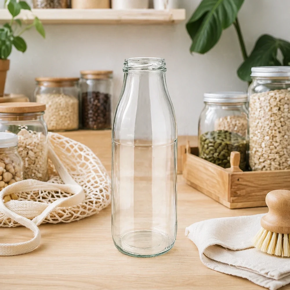 500ml lasipullo TO48 UNiTWIST tyhjä kestävässä nollajätekeittiössä, jossa on säilytyspurkkeja ja luonnonkuituja.