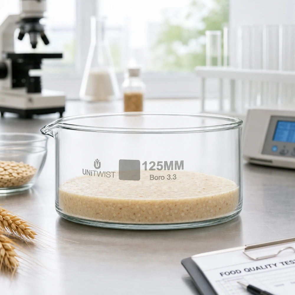 Kiteytysastia ø125mm borosilikaattilasi UNiTWIST UNiTWIST 125 mm:n UNiTWIST Boro 3.3 -kiteytysastia, joka on täytetty viljapuurolla, elintarvikelaatutestissä laboratoriossa