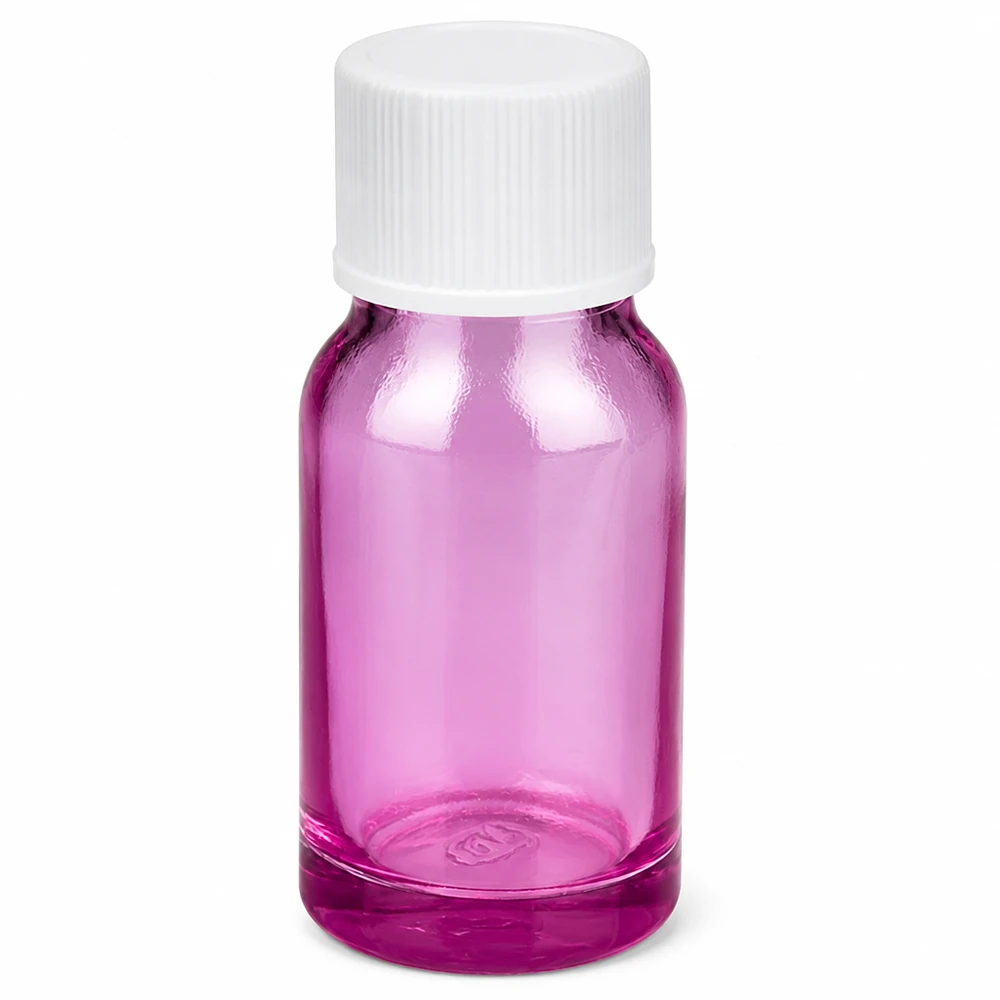10ml violetti lasipullo valkoisella kierrekorkilla eteerisille öljyille ja kosmetiikalle.