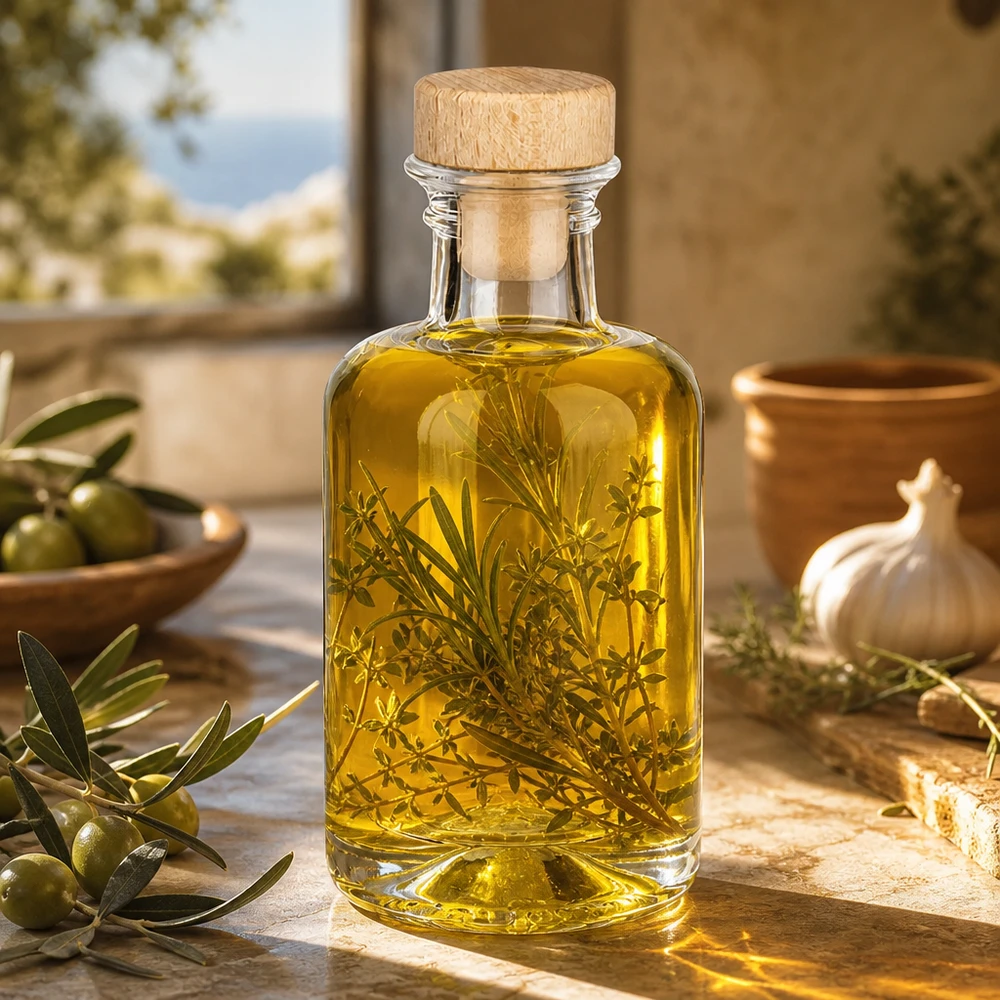 100ml Glasflasche "Sofia" mit Holzgriff-Korken UNiTWIST 100ml Glasflasche Sofia mit Holzkorken gefüllt mit Kräuteröl und Rosmarin mediterrane Küche Olivenöl Infusion