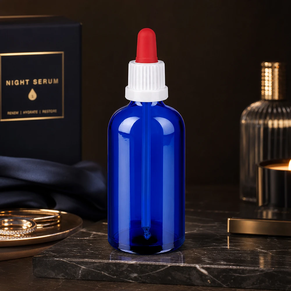 Valonsuojalasipullo 100ml koboltinsininen pipettikorkilla valolle herkille aineille.