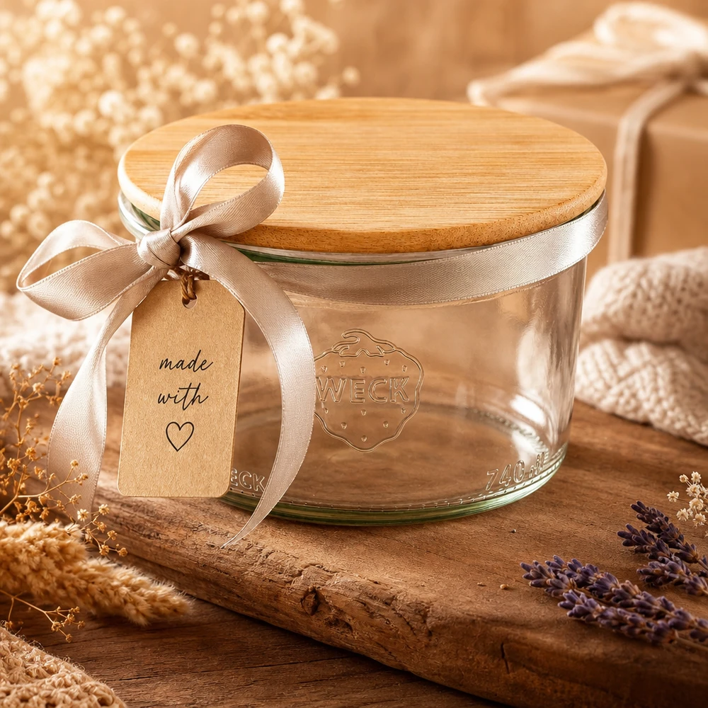 WECK Sturzglas 200ml RR80 mit Bambus-Holzdeckel als Geschenkidee mit Schleife und Anhänger in warmer Dekoszene