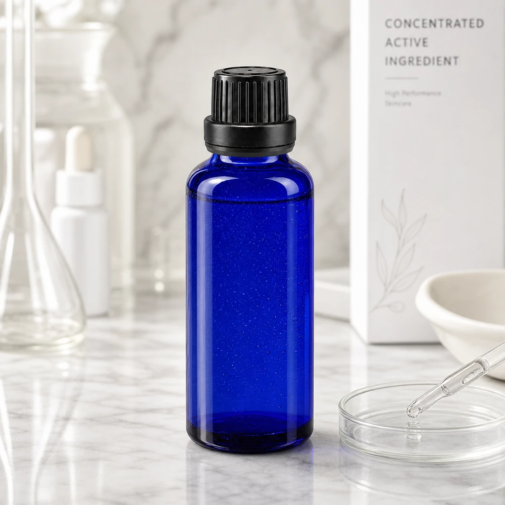 Apteekkipullo sininen 30ml tiputuskorkki kaaderengas 2mm musta peukaloinninestokorkki Sininen 30 ml:n apteekkipullo, jossa on 2 mm:n tiputusosa ihonhoitokonsentraateille ja vaikuttaville aineille