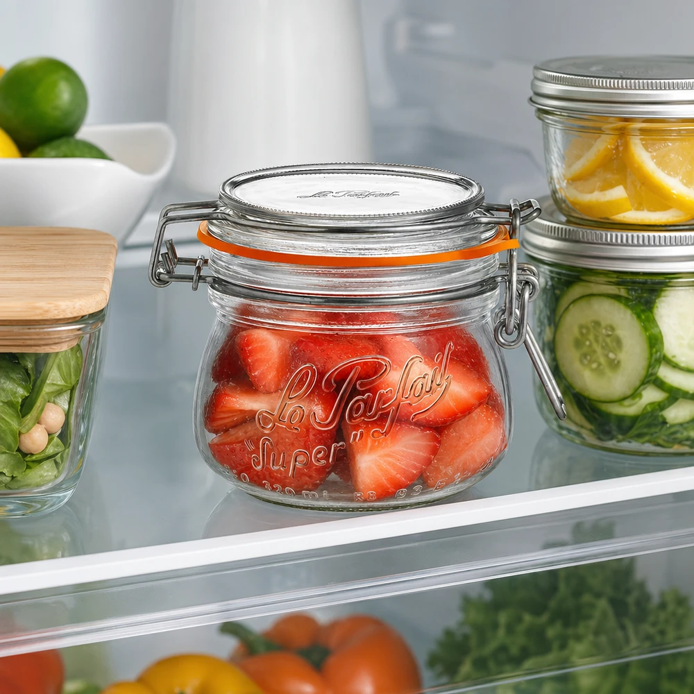 250ml Vorratsglas "Super" mit Bügelverschluss Le Parfait® 250 ml Le Parfait Super -säilytyspurkki, jossa on kääntyvä korkki, täytetään mansikoilla jääkaapissa muiden purkkien vieressä.