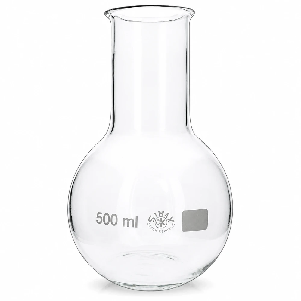 Lantiopullo 500ml leveä kaula Leveäsuinen 500 ml:n pullo, jossa on pyöreä pohja kemiallisiin kokeisiin laboratoriossa.