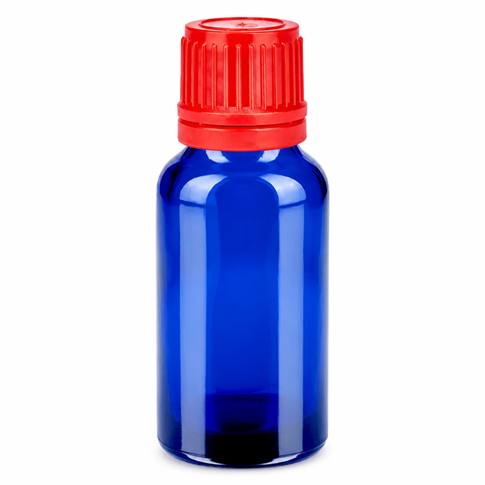 20ml sininen lasipullo punaisella kierrekorkilla eteerisille öljyille ja kosmetiikalle.