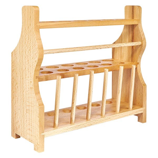 Puusta valmistetut koeputkitelineet, enintään n. 18 mm Ø:n lasille 12 lasille, 6 tankoa mukana