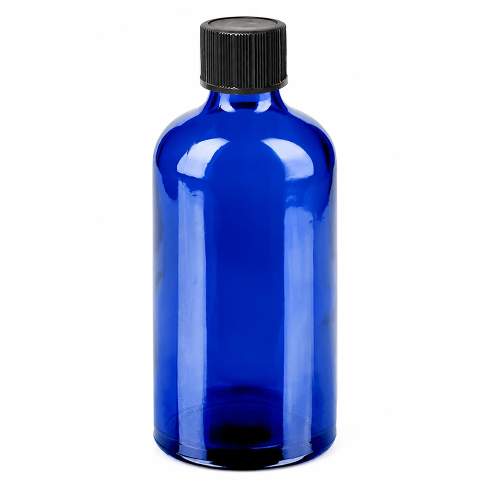 Sininen lasinen tippapullo 100ml mustalla korkilla eteerisiä öljyjä ja tinktuureja varten.