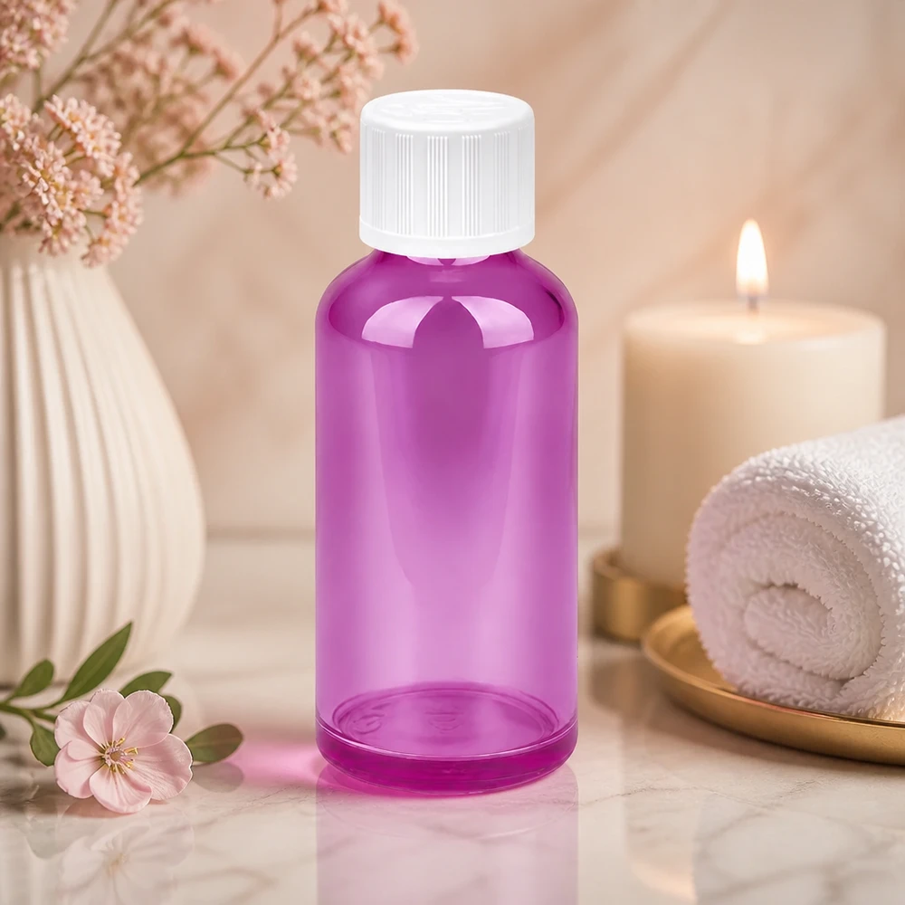 50ml pullo 11mm ruuvikorkki valkoinen standardi lapsiturvallinen PurpleLine UT18/50 Tyylikäs 50ml Purple Line -pullo, jossa on lapsiturvallinen korkki turvallista säilytystä varten.