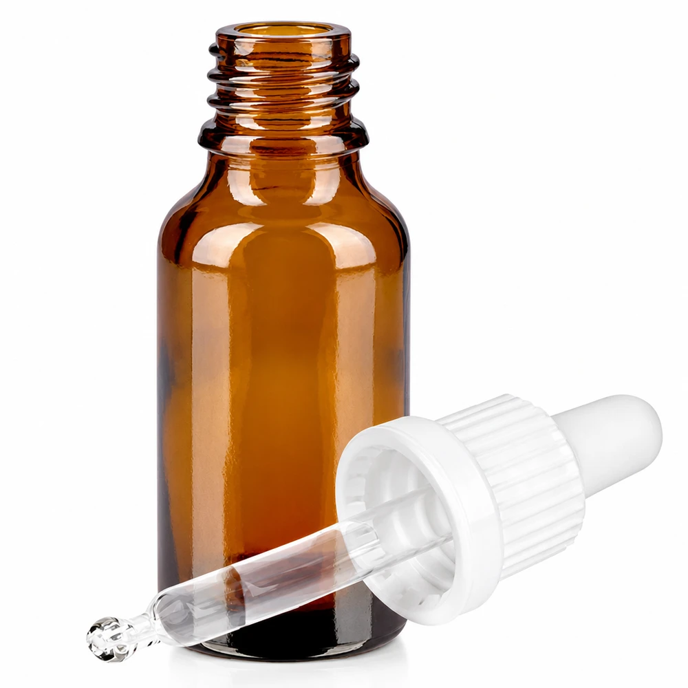 Ruskea lasipullo 20ml pipetillä eteerisille öljyille ja seerumeille - tarkka pisara-annostelu.