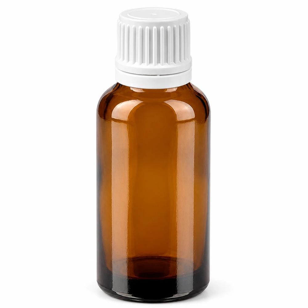 30ml pullo 11mm kierrekorkki valkoinen väärentämisen estävä sulkeminen BrownLine UT18/30 Ruskea lasipullo 30ml valkoisella kierrekorkilla eteerisille öljyille ja lääkkeille.