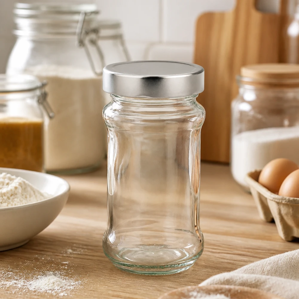 390ml pyöreä lasipurkki + BasicSeal-kansi hopea syvä UT